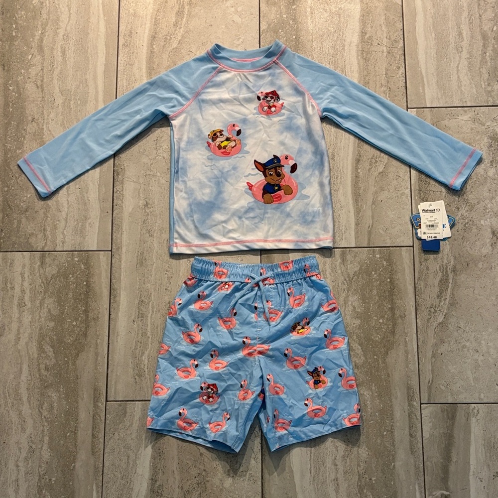 Paw Patrol Light Blue and Pink Kids Rash Guard Swim Set